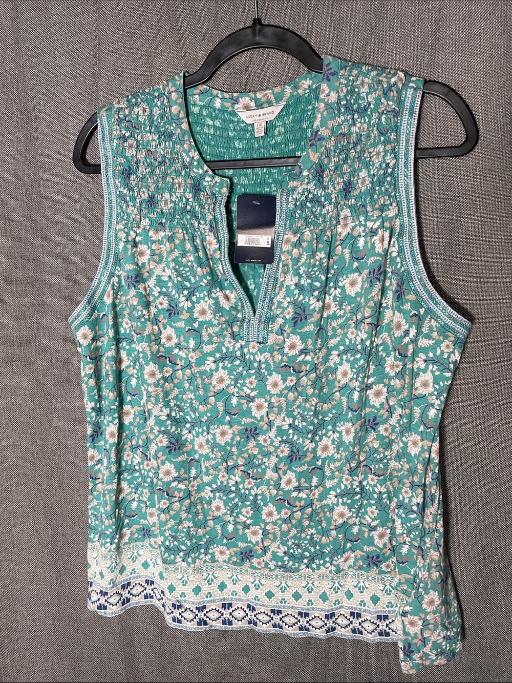 Lucky Brand Boho Teal Floral Smocked Split Neck Sleeveless Top size L